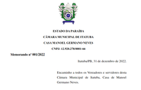 Memorando 001/2022 Câmara Municipal de Itatuba